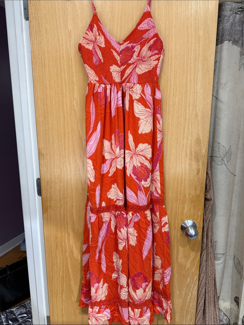Orange Floral Maxi Sundress with Pink & Cream Blooms